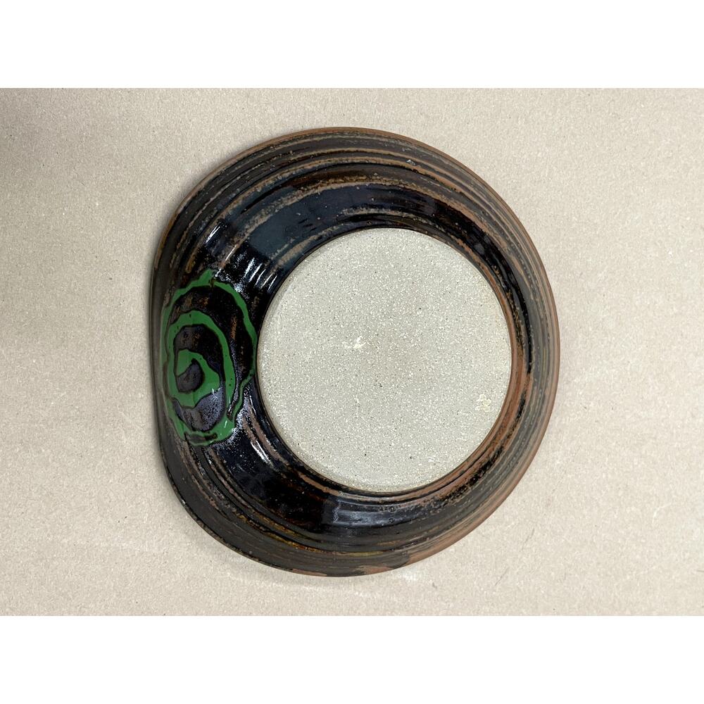 Studio Pottery Handcrafted Brown Glazed Bowl Green Swirl Abstract 7.75in Artisan